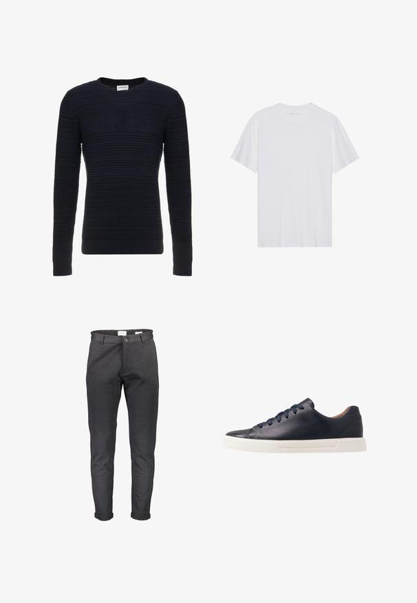 Donkerblauwe ribgebreide trui met ronde hals en lange mouwen. De textuur van de stof heeft horizontale lijnen en rekbare manchetten en zoom.; Witte katoenen T-shirt met korte mouwen, een ronde hals en een gladde textuur. Heeft minimale branding op de halslijn.; Slim-fit donkergrijze broek gemaakt van zachte stof, met een knoopsluiting, riemlussen en omgeslagen pijpen. Gladde textuur zonder patronen.; Marineblauwe leren sneakers met een gladde afwerking, platte witte rubberen zool, ronde neus en zes marineblauwe veters die door ronde oogjes zijn geregen.
