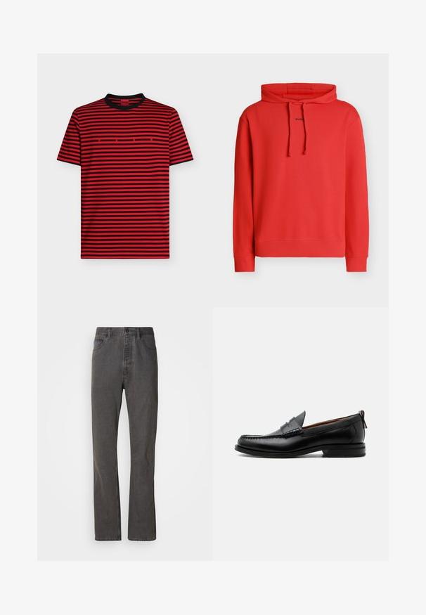 Sweat à capuche rouge à manches longues avec cordons, avec petit texte noir « HUGO » au centre devant.; T-shirt à manches courtes rayé horizontal rouge et noir avec col noir et petit lettrage rouge "HUGO" centré sur la poitrine.; Jeans en denim gris avec une coupe droite, dotés de poches avant, d'une fermeture à bouton et d'une texture subtile.; Mocassin homme en cuir noir avec couture moc toe, bride penny, col texturé et petit talon empilé sur fond blanc.