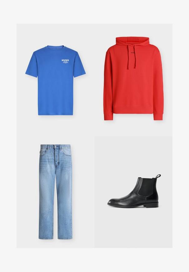 Sweat à capuche rouge à manches longues avec cordons, avec petit texte noir « HUGO » au centre devant.; T-shirt bleu à manches courtes et col rond avec petit logo blanc "HUGO" et texte sur la partie supérieure gauche de la poitrine.; Jean droit en denim bleu clair avec fermeture par bouton et zip, poches avant et arrière, et passants de ceinture à la taille.; Bottine en cuir noir avec des panneaux latéraux élastiques, bout rond et tirette. Texture lisse, semelle plate, design minimaliste.