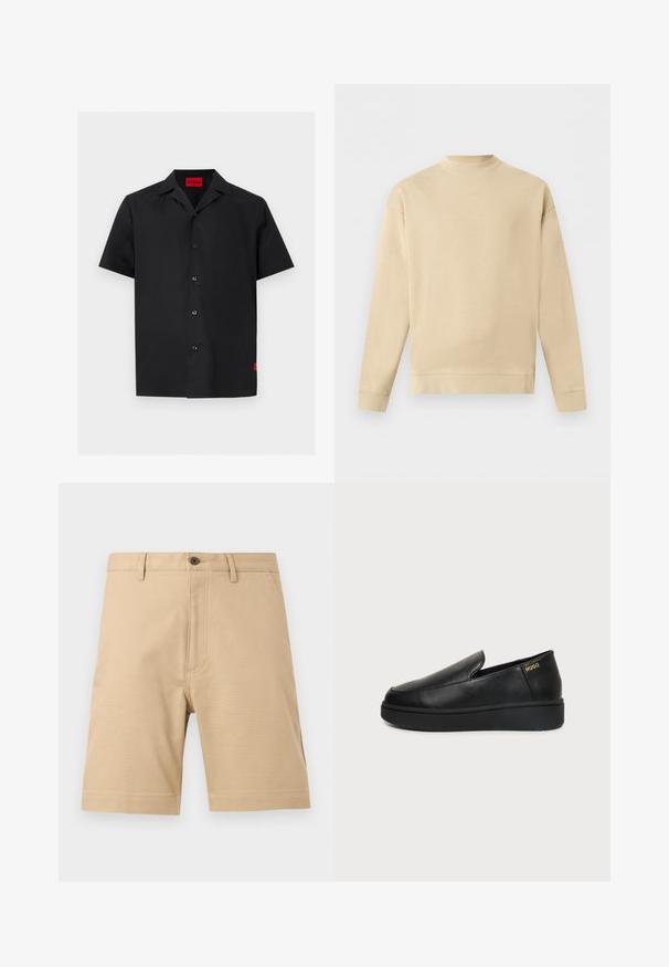 Sweat-shirt beige à manches longues, col rond, poignets et ourlet côtelés, petit logo "HUGO" centré sous l'encolure.; Chemise noire à manches courtes avec boutons, col camp et une étiquette rouge « HUGO » à l'intérieur de l'encolure ainsi qu'une petite étiquette rouge sur le bas côté.; Short beige pour homme, longueur genou, avec passants de ceinture, poches avant, fermeture par boutons et détails visibles de couture sur fond uni.; Chaussure noire en cuir à enfiler avec semelle épaisse et petits trous de ventilation latéraux, avec un logo doré "HUGO" près du talon.
