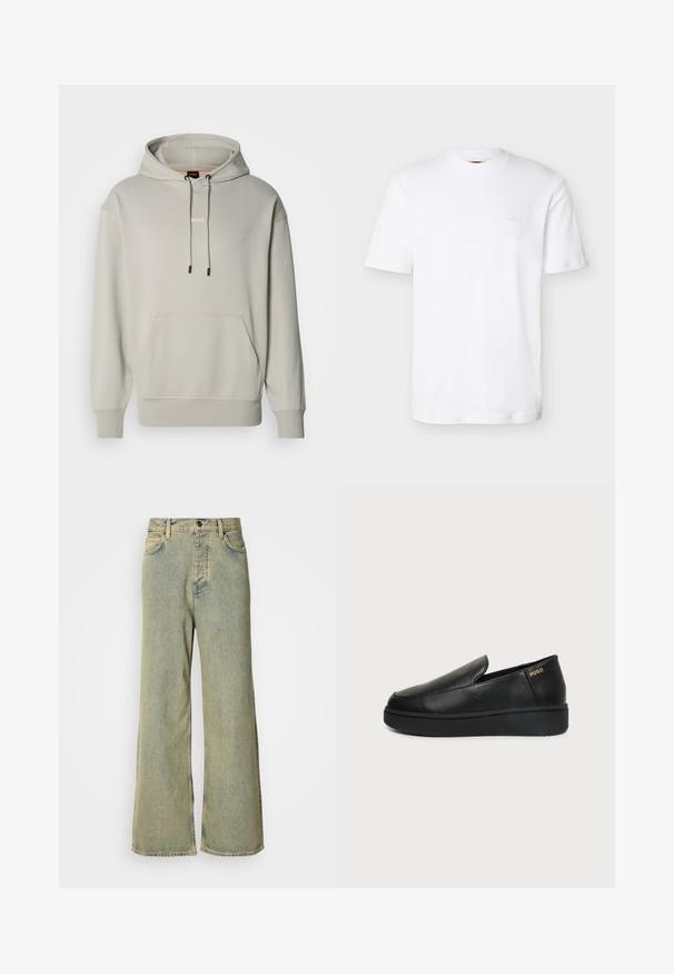 Sweat à capuche gris clair en coton doux, avec une poche frontale, des cordons de serrage et un petit logo blanc sur la poitrine. Coupe classique et décontractée.; T-shirt blanc uni à manches courtes et col rond avec logo "BOSS" discrètement embossé sur le côté gauche de la poitrine.; Jeans évasés en denim bleu clair, avec une taille haute, un design classique à cinq poches et une fermeture à boutons à l'avant.; Chaussure noire en cuir à enfiler avec semelle épaisse et petits trous de ventilation latéraux, avec un logo doré "HUGO" près du talon.