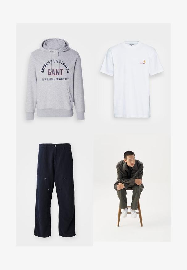 Grauer Kapuzenpullover mit einer Fronttasche, auf der Brust mit schwarzem und rotem Schriftzug "GANT" und "AMERICAN SPORTSWEAR". Der Schriftzug ist gewölbt.; Weißes Baumwoll-T-Shirt mit kurzen Ärmeln. Entworfen mit einem kleinen orangefarbenen und kastanienbraunen Logo auf der linken Brust. Verfügt über einen klassischen Rundhalsausschnitt.; Helle königsblaue Cargohose aus Baumwolle mit strukturierter Oberfläche. Verfügt über zwei Fronttaschen mit Knopfakzenten und einen Frontknopfverschluss.; Junger Mann in dunkler Lederjacke und Jeans sitzt auf einem Holzstuhl, lehnt sich mit verschränkten Armen nach vorne und schaut seitlich vor weißem Hintergrund.