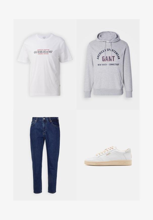 Grauer Kapuzenpullover mit einer Fronttasche, auf der Brust mit schwarzem und rotem Schriftzug "GANT" und "AMERICAN SPORTSWEAR". Der Schriftzug ist gewölbt.; Weißes Baumwoll-T-Shirt mit Rundhalsausschnitt und kurzen Ärmeln, mit rotem und schwarzem Text "GUESS JEANS" und "AMERICAN TRADITION."; Dunkelblaue Jeans mit geradem Bein, vorderer Knopf- und Reißverschluss, Gürtelschlaufen sowie Vorder- und Gesäßtaschen.; Weiße Leder-Sneaker mit beigen Akzenten, runder Zehenpartie, flacher Sohle und beigen Schnürsenkeln. Verfügt über das eingeprägte "GANT"-Logo an der Seite und am Absatz.