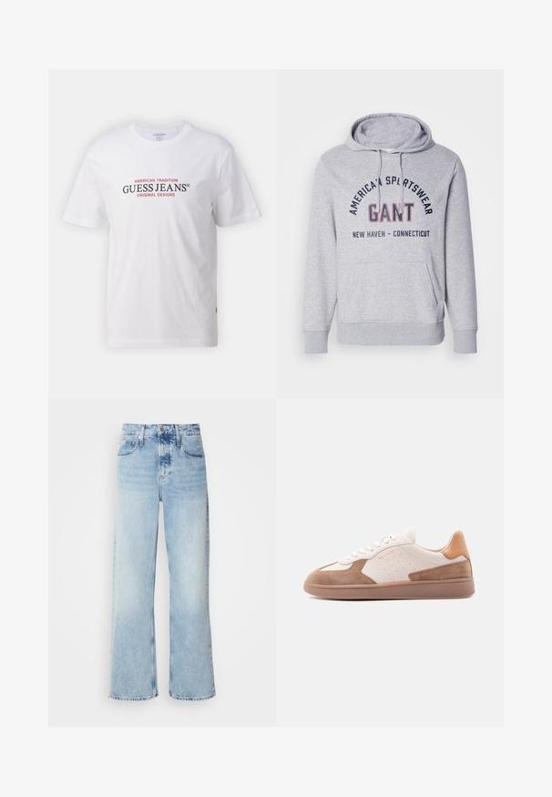 Grauer Kapuzenpullover mit einer Fronttasche, auf der Brust mit schwarzem und rotem Schriftzug "GANT" und "AMERICAN SPORTSWEAR". Der Schriftzug ist gewölbt.; Weißes Baumwoll-T-Shirt mit Rundhalsausschnitt und kurzen Ärmeln, mit rotem und schwarzem Text "GUESS JEANS" und "AMERICAN TRADITION."; Helle blaue weite Jeans mit hoher Taille, in verwaschenem Finish, mit Gürtelschlaufen und klassischem Fünf-Taschen-Design. Der Saum ist ungesäumt.; Weißer und beige farbener Sneaker mit niedrigem Schaft, Wildleder-Akzenten, perforierten Seiten, weißen Schnürsenkeln und einer strukturierten Gummisohle, seitlich auf weißem Hintergrund dargestellt.