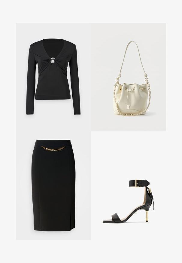 Sort langærmet top med V-hals, med en knyttet center og en dekorativ sølvring detalje. Glat, tætsiddende stof, minimalistisk design.; Sort blyantskirt med et lille slids, der har en guld kædedetalje ved livet. Lavet af et glat, strækbart stof for komfort.; Sort læder hæl sandal med firkantet tå, ankelrem med en guldbuckle og en slank metallisk hæl. Glat tekstur, minimalistisk design.; Hvid læder bucket-taske med snørelukning, flettet kæde og læder skulderrem samt guldfarvede øjer.