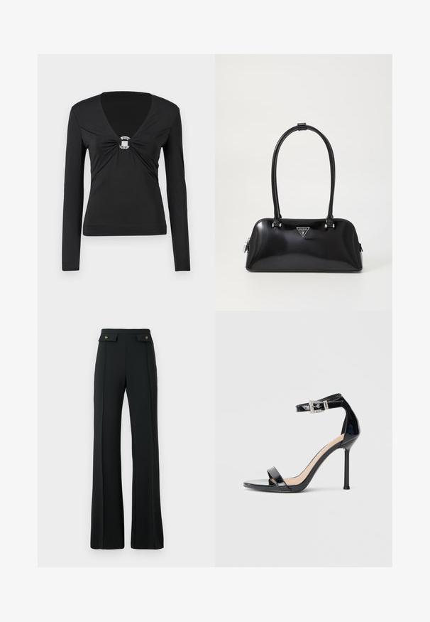 Top negro de manga larga con escote en V, que presenta un centro anudado con un detalle decorativo de anillo plateado. Tela lisa y ajustada, diseño minimalista.; Pantalones de tiro alto de campana negros con detalles de costura frontal y dos bolsillos con tapeta y botones dorados en la cintura.; Sandalia de tacón alto en piel sintética negra con correa en el tobillo. Presenta un diseño minimalista, punta abierta y una hebilla con detalles de pedrería.; Bolso de mano negro brillante con una silueta curva, dos asas y una placa de logo en la parte frontal. Cierre de cremallera y acentos de hardware brillante.