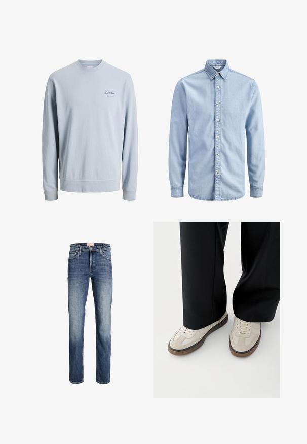 Svetlomodrá mikina s dlhými rukávmi a okrúhlym výstrihom s malým logom "Jack & Jones Archive Selection" na ľavej strane hrudníka.; Svetlomodrá rifle s dlhým rukávom, golierom na gombíky a radom siedmich béžových gombíkov vpredu.; Rovné modré džínsy s jemným vyblednutím na stehnách a kolenách, s predným zapínaním na gombík a zips a päť vreckovým dizajnom.; Nohy v béžových teniskách s hnedými podrážkami a čierne široké nohavice na bielom pozadí.