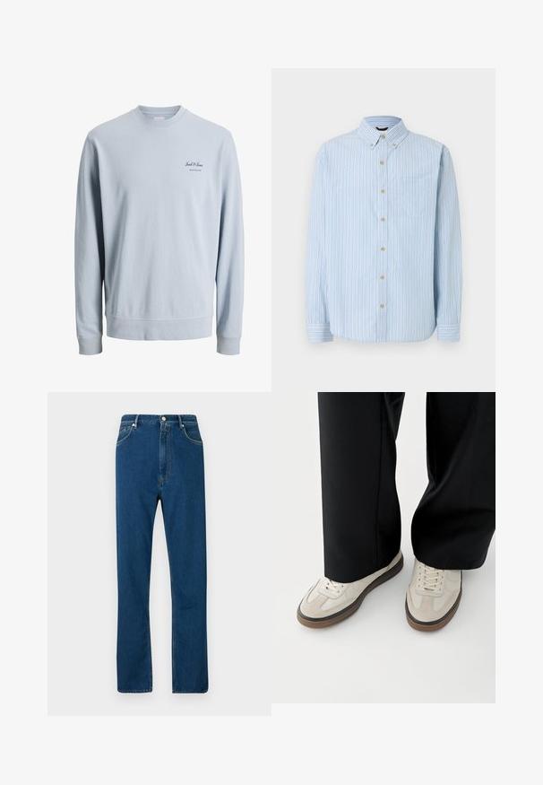 Svetlomodrá mikina s dlhými rukávmi a okrúhlym výstrihom s malým logom "Jack & Jones Archive Selection" na ľavej strane hrudníka.; Svetlomodrá košeľa s dlhým rukávom na gombíky s bielymi, modrými a béžovými vertikálnymi pruhmi, zapínaným golierom, náprsným vreckom a béžovými gombíkmi.; Modré džínsy z denimu s vysokým pásom, rovný strih nohavíc, piatimi vreckami a kontrastným oranžovým prešitím. Hladká textúra.; Nohy v béžových teniskách s hnedými podrážkami a čierne široké nohavice na bielom pozadí.