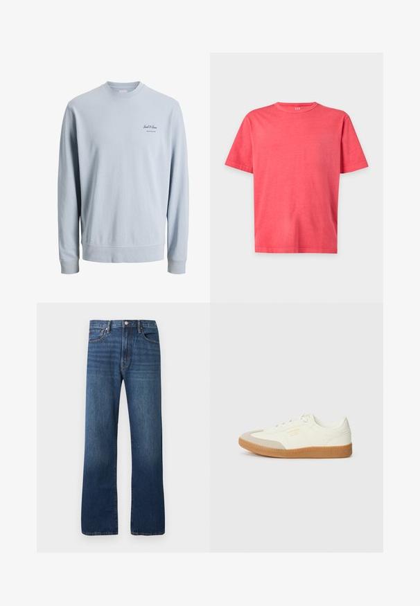 Sweat-shirt à manches longues bleu clair avec col rond et petit logo "Jack & Jones Archive Selection" sur le côté gauche de la poitrine.; T-shirt uni rose corail vif à manches courtes et col rond avec une coupe régulière sur fond blanc.; Jean en denim bleu droit avec un design classique cinq poches et une fermeture par bouton sur un fond clair uni.; Baskets en cuir blanc avec une coque beige et une semelle en caoutchouc marron clair. Dotées de lacets blancs plats et d'un logo embossé sur le côté.