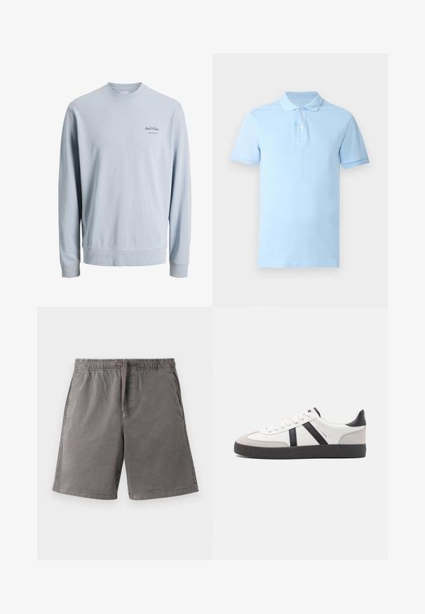 Sweat-shirt à manches longues bleu clair avec col rond et petit logo "Jack & Jones Archive Selection" sur le côté gauche de la poitrine.; Polo bleu clair à manches courtes avec deux boutons blancs et un col et des poignets côtelés sur fond uni.; Shorts décontractés gris avec taille élastique et cordon, poches avant et coupe décontractée, présentés à plat sur un fond clair.; Baskets blanches avec des accents noirs et gris, présentant un embout texturé gris, une semelle en caoutchouc noir et des lacets plats blancs. Design épuré, style minimaliste.