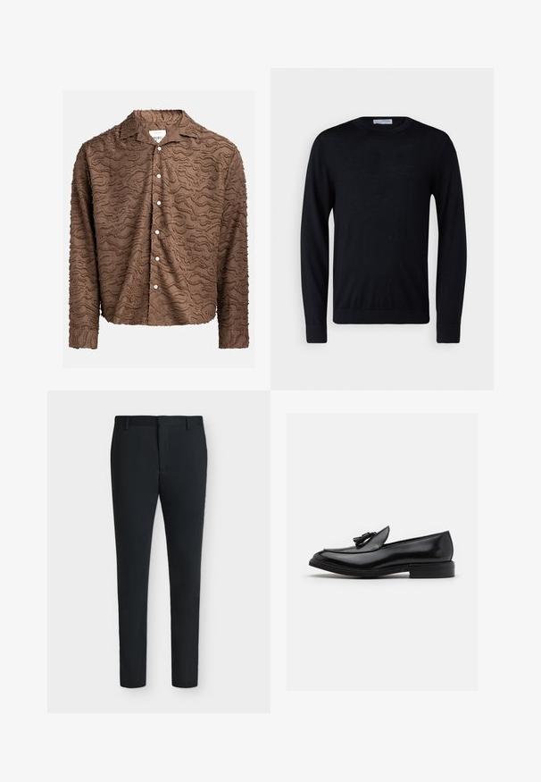 Sort langærmet rundhalset sweater med ribstrikkede ærmeafslutninger og kant, vist mod en hvid baggrund.; Brun knap-oppet skjorte med strikket svulmønster, letvægtigt stof, lange ærmer og hvide knapper foran til lukning.; Sorte, tætsiddende bukser med bæltestropper, frontlynlås og uden synlige lommer, vist mod en ensfarvet hvid baggrund.; ALDO PORTOS PILLOW WALK - Business loafers - black
