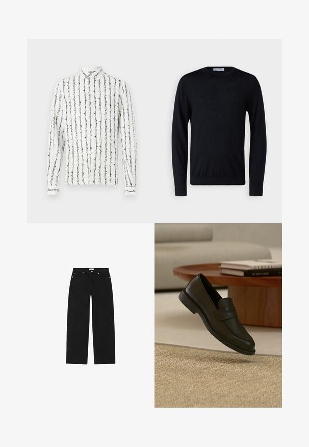 Schwarzer Pullover mit langen Ärmeln und Rundhalsausschnitt, mit gerippten Bündchen und Saum, vor weißem Hintergrund präsentiert.; Weißes Hemd mit Knöpfen und schwarzen vertikalen Streifen sowie einem floralen Muster. Lange Ärmel mit geknöpften Manschetten. Hergestellt aus einem leichten Stoff.; Schwarze Jeans aus Denim mit geradem Bein, fünf Taschen-Design und silberfarbener Hardware. Verfügt über einen strukturierten Stoff und minimalistischen Stil.; Schwarzer Lederloafer-Schuh schwebt über einem beige gewebten Teppich, mit einem Holztisch und gestapelten Büchern in einem sanft beleuchteten Wohnzimmer.