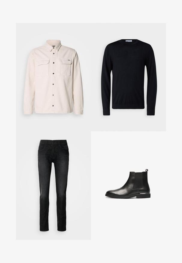 Schwarzer Pullover mit langen Ärmeln und Rundhalsausschnitt, mit gerippten Bündchen und Saum, vor weißem Hintergrund präsentiert.; Helle beigefarbene Langarmbluse aus Baumwolle mit zwei Fronttaschen, Knopfverschluss und klassischem Kragen. Glatte Textur und schlichtes Design.; Schwarze Denim-Jeans mit geradem Bein, ausgestattet mit fünf Taschen, einem Knopfverschluss und einer dezenten Stoffstruktur. Keine sichtbaren Abnutzungserscheinungen oder Muster.; Schwarze Leder Chelsea-Boots mit elastischen Seiten, runder Zehenpartie und einem Zugtab. Sie verfügen über eine glatte Textur und einen niedrigen Absatz.