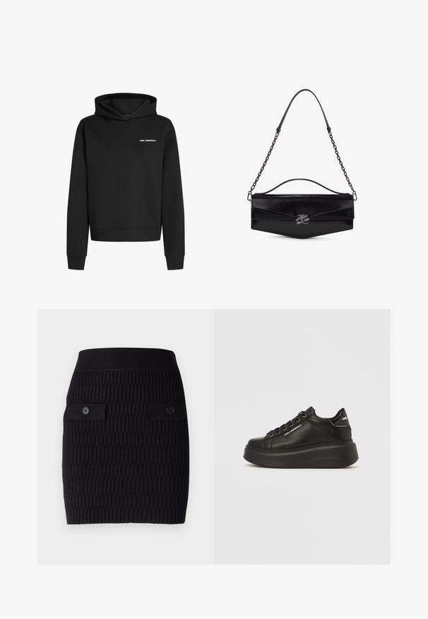 Sort hættetrøje med lange ærmer og "KARL LAGERFELD" logo i hvid på brystet, med en front kangaroo-lomme og hætte med snørre.; Sort strikket nederdel med et tekstureret mønster, der har to knaplukket klaplommer og en tætsiddende talje. Længden når til midt på låret.; Sorte lædersneakers med glat finish, rund tå, snørelukning og tyk plateau-sål med mærkets logo-detaljer.; Sort læderhåndtaske med vinklet klap, sølv "K" logo lås, top-håndtag og aftagelig skulderrem i kæde.