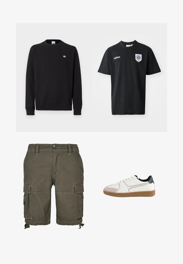 Sort crewneck sweatshirt med lange ærmer og lille hvid Adidas trefoil-logo på venstre bryst.; Sort kortærmet t-shirt lavet af bomuld, med rund hals. Indeholder hvidt Adidas-logo og et mærke med et blåt emblem på venstre bryst.; Oliven grønne cargo-shorts lavet af slidstærkt stof, med flere sidelommer, bæltestropper og syede detaljer for ekstra struktur.; Hvid lav-top sneaker med sort hæltab, beige tænske, mønstret brun sål og hvide snørebånd på ensfarvet hvid baggrund.