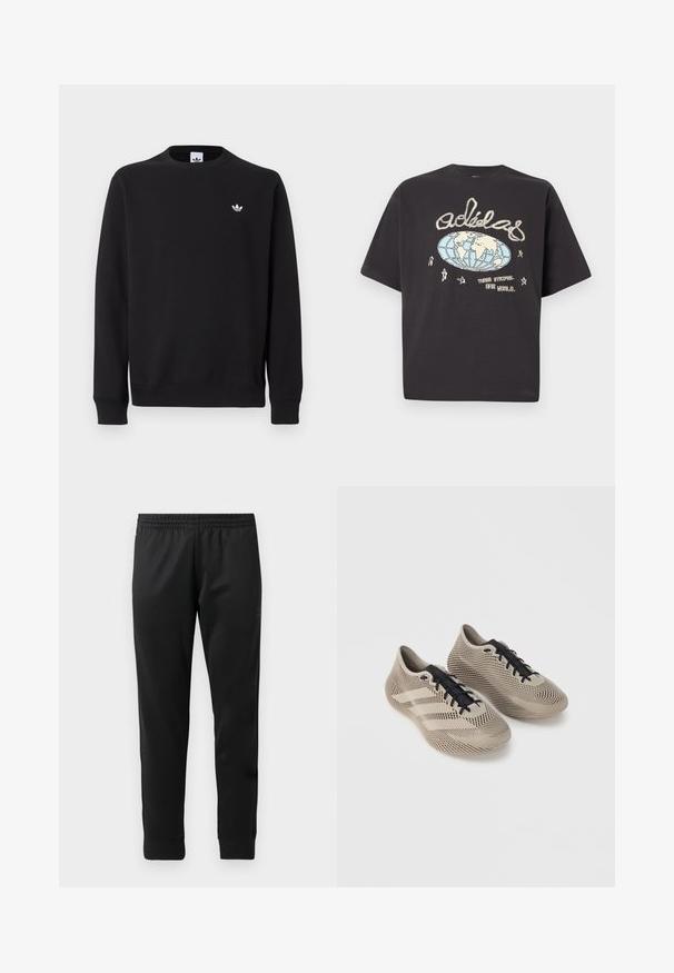 Schwarzer Crewneck-Sweatshirt mit langen Ärmeln und kleinem weißen Adidas-Trefoil-Logo auf der linken Brust.; Schwarzes Adidas-T-Shirt mit beiger und blauer Globusgrafik, handgeschriebenem Adidas-Logo, Sternen und dem Text "Three Stripes. One World."; Schwarze Sporthosen aus glattem Stoff, mit einem elastischen Bund, schmal zulaufenden Beinen und gerippten Bündchen an den Knöcheln.; Paar beiger Sportschuhe mit schwarzen Schnürsenkeln, mit einem strukturierten, gestreiften Muster und drei Seitenstreifen auf einfarbigem Hintergrund.