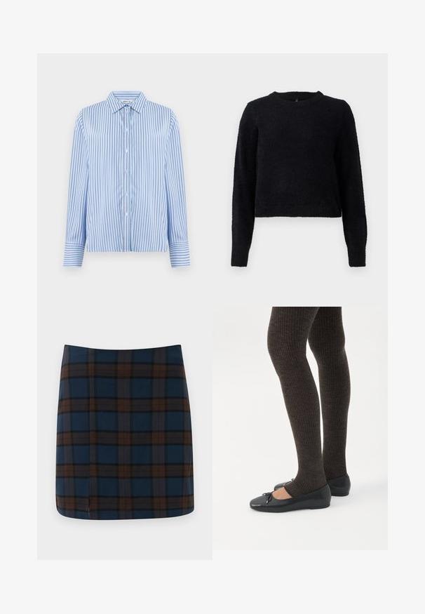 Sort strikket sweater med lange ærmer, rund halsudskæring og en blød, tekstureret finish. Designet har en cropped snit og ribbet kant.; Button-up skjorte i lyseblå og hvide lodrette striber. Har krave og lange ærmer med knapmanchetter. Glat tekstur.; Marineblåternet mini nederdel med brune og grå striber, lavet af et glat stof, med en diskret slids bagpå for let bevægelse.; Ben iført mørke ribbede leggings kombineret med sorte balletsko med små sløjfedetaljer på hvid baggrund.
