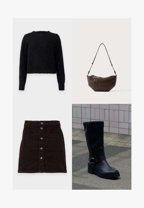 Suéter de punto negro con mangas largas, cuello redondo y un acabado suave y texturizado. El diseño presenta un corte cropped y un dobladillo acanalado.; Falda de pana marrón con un diseño ajustado, cierre frontal de botones, dos bolsillos laterales y textura acanalada vertical en toda la prenda.; Bota negra de cuero hasta la mitad de la pantorrilla con un tacón bajo de bloque y una correa decorativa con hebilla metálica alrededor del tobillo, sobre un pavimento de baldosas.; Bolso de hombro de cuero marrón con fondo curvado y correa ajustable sobre un fondo claro y liso.