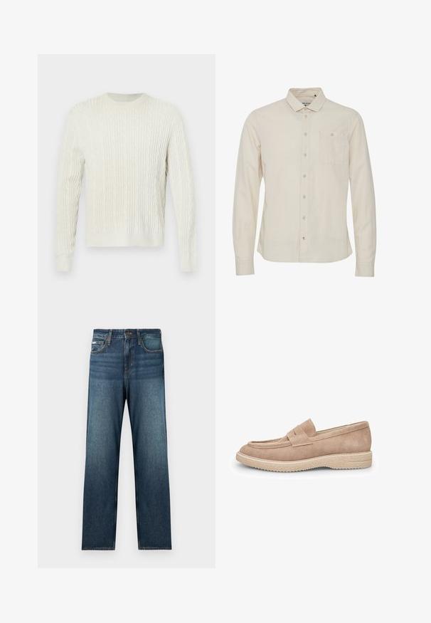 Creme kabel-striktrøje med rund hals og ribbede manchetter og kant. Det teksturerede design tilføjer dybde til stoffet.; Lys beige langærmet skjorte med button-down krave, enkelt brystlomme og subtil tekstur. Har lukning med knapper foran.; Mørkeblå jeans med lige snit, fem-lomme design og diskret falming. Fremstillet af denimstof med klassiske syningsdetaljer.; Lys beige ruskind loafer med rund tå, dekorativ vamprem og en struktureret gummisål for greb.