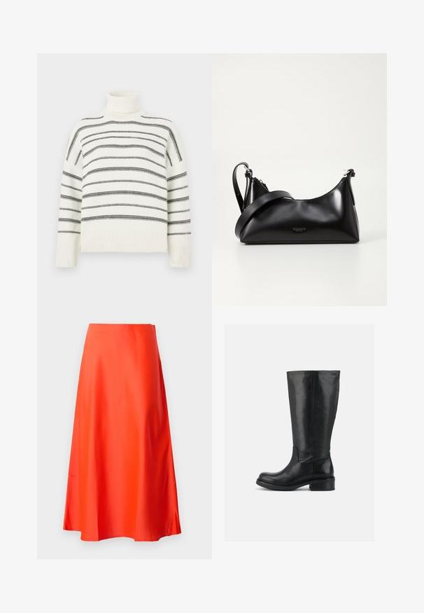 Hvidt turtle neck-sweater med sorte vandrette striber. Har ribbede kanter ved halsen og ærmerne. Blød tekstur, afslappet pasform og strikket design.; Rød satin midi-nederdel med en glat tekstur, A-line silhuet og en subtil flare ved kanten. Ingen synlige mønstre eller pynt.; Høj sort læderstøvle med lav blokhæl og rund tå, glat overdel med minimal syning på ensfarvet baggrund.; Sort læderhåndtaske med en glat tekstur. Har en justerbar stropp og et enkelt, minimalistisk design med lynlås.