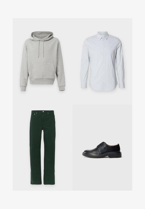 Hoodie en coton gris avec une poche avant, un capuchon avec cordon, des poignets et un ourlet côtelés. Texture lisse, design décontracté et coupe ample.; Chemise à manches longues avec rayures bleu clair, fabriquée en coton. Elle présente un col classique, une patte de boutonnage et des poignets réglables. Logo discret sur la poitrine.; Pantalon en coton vert avec une coupe droite, doté d'une fermeture éclair, de cinq poches et de boutons en métal argenté. Texture lisse, sans motifs visibles.; Chaussure oxford en cuir noir avec un bout rond, un laçage à l'avant et un petit talon empilé, sur fond clair.