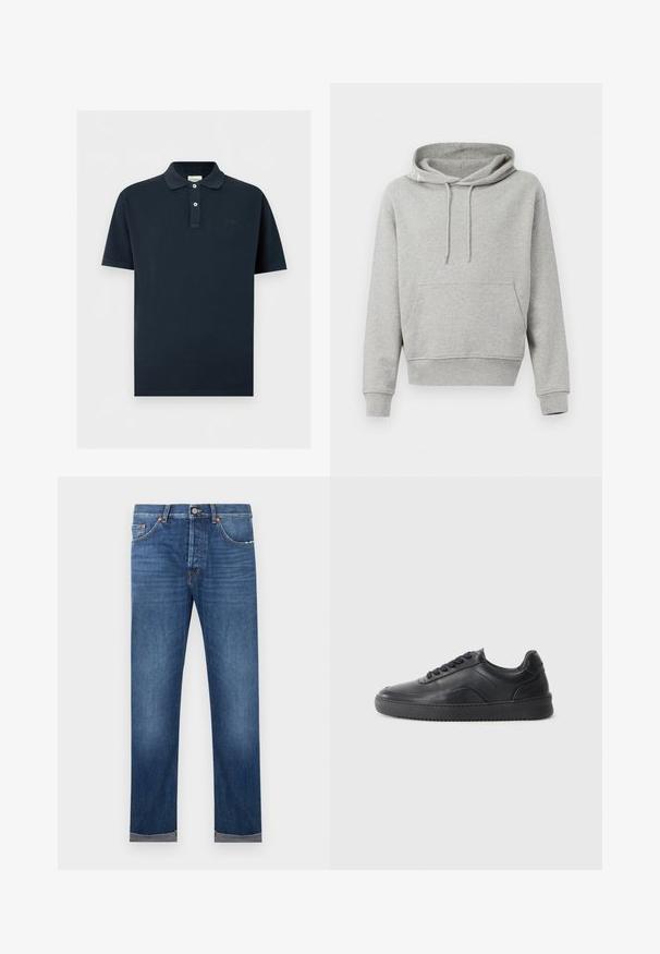 Hoodie en coton gris avec une poche avant, un capuchon avec cordon, des poignets et un ourlet côtelés. Texture lisse, design décontracté et coupe ample.; Polo bleu marine à manches courtes avec deux boutons blancs et un petit logo brodé sur la poitrine sur fond blanc uni.; Jean droit pour homme en denim bleu avec fermeture par bouton, design à cinq poches, et ourlets retroussés sur fond blanc.; Chaussure de sport en cuir noir avec une finition lisse, bout arrondi, panneau latéral texturé et lacets noirs. Présente une semelle en caoutchouc plate et un design minimaliste.