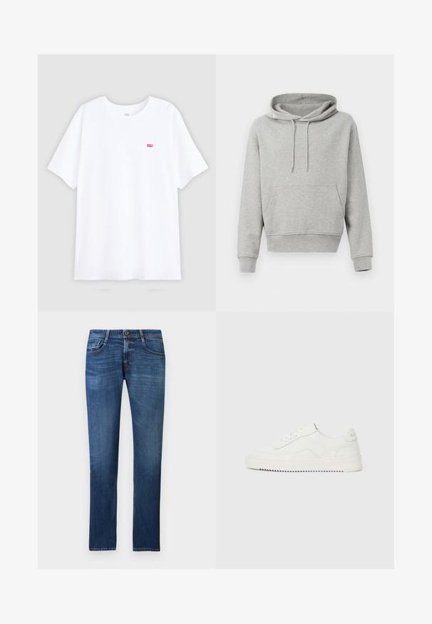 Grau Baumwoll-Hoodie mit einer Fronttasche, Kapuze mit Kordelzug, gerippte Bündchen und Saum. Glatte Textur, lässiges Design und eine lockere Passform.; Weißes Baumwoll-T-Shirt mit kurzen Ärmeln und Rundhalsausschnitt. Verfügt über ein kleines rotes Levi's-Logo auf der linken Brust. Flaches Design, keine Muster.; Blaue Jeans aus Denim mit klassischem geradem Bein, fünf Taschen und kontrastierenden orangefarbenen Nähten an den Nähten.; Weißer Low-Top-Lederschuh mit Schnürverschluss, strukturierter Fersenschlaufe und leicht gerillter weißer Gummisohle auf schlichtem hellem Hintergrund.