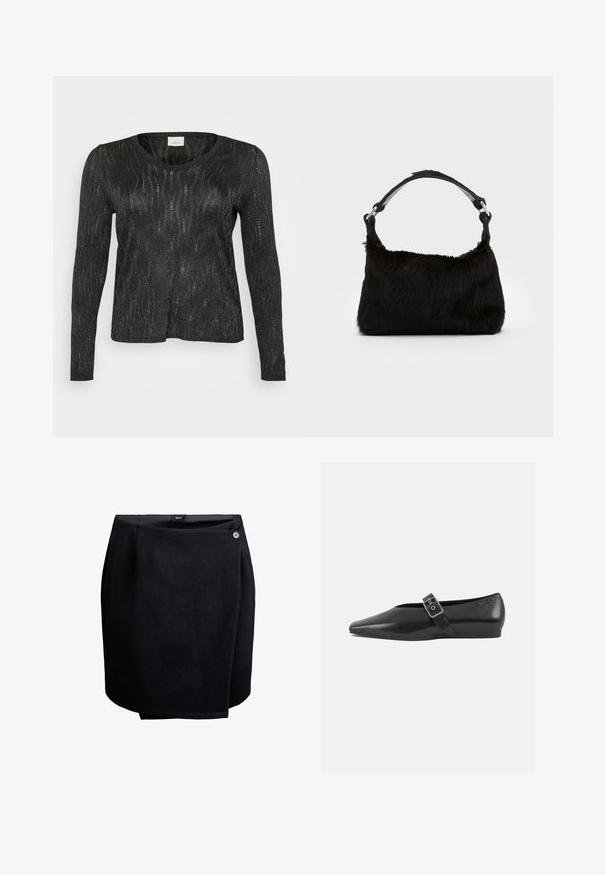 Sort langærmet sweater med et struktureret, glitrende design. Har rund halsudskæring og ribbede kanter ved nederdelen og ærmerne. Letvægtsmateriale.; Sort omslagskørt med en enkelt knaplukning i siden, lavet af glat stof, knælangt med en let overlappende detalje.; Sorte læder flade sko med spidse tæer, prydet med en metallisk spænde over vristen og en lav, fleksibel sål.; Sort faux fur håndtaske med en blød tekstur, rund form og en robust skulderrem i sort læder. Synlige sølvhardware-detaljer.