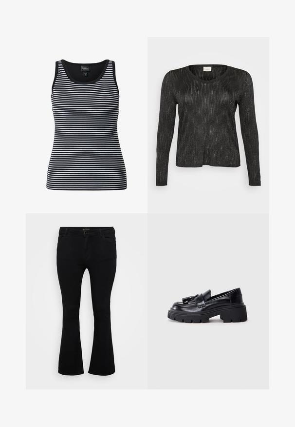 Sort langærmet sweater med et struktureret, glitrende design. Har rund halsudskæring og ribbede kanter ved nederdelen og ærmerne. Letvægtsmateriale.; Stribet tanktop i sort og hvid med brede stropper, ribbet tekstur og rund halsudskæring. Mønsteret har vekslende tynde og tykke striber.; Sorte viddejeans lavet af denim, med knaplukning, fem lomme og en glat overflade. Klassisk design med flagrende kant.; Sorte læder loafers med en klumpet, bølget sål, der har en dekorativ kvast på forsiden og en glat, blank overflade.