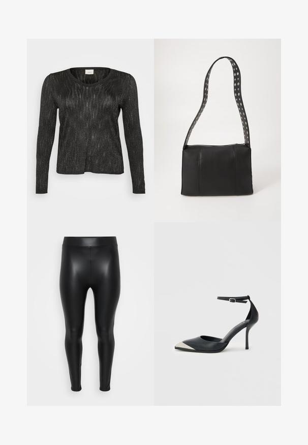 Sort langærmet sweater med et struktureret, glitrende design. Har rund halsudskæring og ribbede kanter ved nederdelen og ærmerne. Letvægtsmateriale.; Sorte leggings lavet af et glat, skinnende materiale. Høj talje, tætsiddende design, og ingen synlige sømme eller mønstre.; Sort højhælet sko med spids tå, sølvfarvet metallisk tåkappe og ankelrem med spænde på en hvid baggrund.; Sort læderhåndtaske med rektangulær form, udstyret med lynlås lukning og en polkaprikket rem. Glat tekstur, minimalt syning.