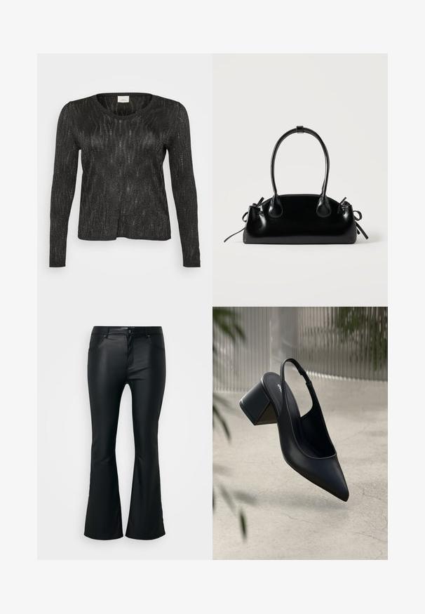 Schwarzer langärmliger Pullover mit einem strukturierten, glitzernden Design. Verfügt über einen Rundhalsausschnitt sowie gerippte Säume und Bündchen. Leichtes Material.; Schwarze, ausgestellte Hosen aus einem glatten, glänzenden Material. Verfügt über fünf Taschen, Gürtelschlaufen und einen Reißverschluss mit Knopfverschluss.; Schwarze Leder-Slingback-Pumps mit spitzem Zehenbereich und Blockabsatz. Glatte Textur, minimalistisches Design und verstellbarer Knöchelriemen.; Kleine schwarze glänzende Handtasche mit zwei langen Griffen und seitlichen Kordelzug-Details vor einfachem hellem Hintergrund.