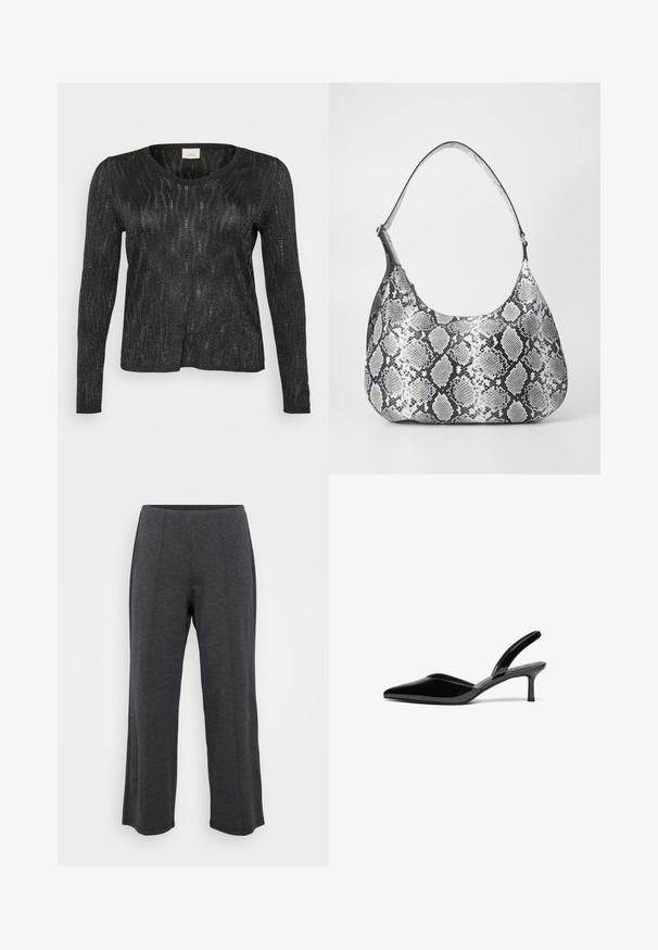 Pull noir à manches longues avec un design texturé et scintillant. Doté d'un col rond et d'une bordure côtelée au bas et aux poignets. Tissu léger.; Pantalons larges gris foncé fabriqués à partir d'un tissu doux et extensible. Comprend une ceinture lisse et un devant plat avec des plis subtils pour un détail supplémentaire.; Escarpins à talon aiguille en cuir verni noir, avec un bout pointu, un talon aiguille bas et un design élégant et simple sans embellissements.; Sac à épaule en simili cuir noir et blanc avec imprimé serpent, de forme arrondie, texture lisse et bandoulière incurvée. Présente un accent en matériel argenté.