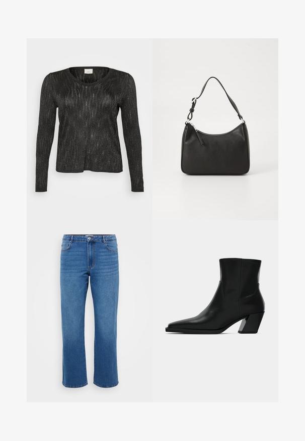 Schwarzer langärmliger Pullover mit einem strukturierten, glitzernden Design. Verfügt über einen Rundhalsausschnitt sowie gerippte Säume und Bündchen. Leichtes Material.; Blaue Jeans aus Denim mit geradem Beinansatz, ausgestattet mit einem Knopfverschluss, klassischem Fünf-Taschen-Design und subtiler, ausgewaschener Textur an den Oberschenkeln.; Schwarze Leder-Stiefelette mit spitzem Zeh, schlanker Silhouette und klobigem quadratischem Absatz. Glatte Textur mit minimalen Nähdetails.; Schwarze Lederhandtasche mit geschwungener Form, einem einzigen Tragegurt, Reißverschlussverschluss und dezentem Branding auf der Vorderseite. Glatte Textur, minimalistisches Design.