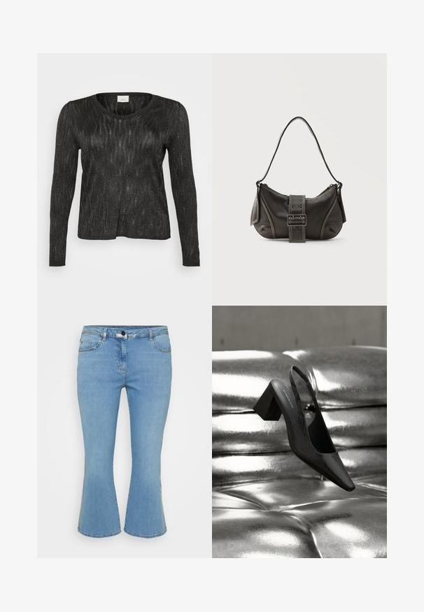 Sort langærmet sweater med et struktureret, glitrende design. Har rund halsudskæring og ribbede kanter ved nederdelen og ærmerne. Letvægtsmateriale.; Lys blå denim flared jeans med fem lomme-design, der har en knaplukning og kontrasterende syninger langs sømmene.; Sort slingback-hæl med spids tå, der har en tekstureret overflade og en chunky blokhæl. Lagt mod en skinnende, metallisk baggrund.; Sort læder skuldertaske med spænde på remmen, afrundede kanter og kontrasterende hvide syninger på en ensfarvet baggrund.