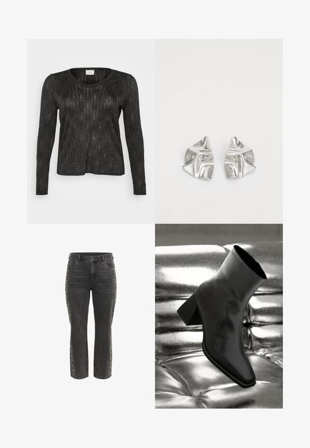 Zwarte trui met lange mouwen en een gestructureerd, sprankelend ontwerp. Beschikt over een ronde halslijn en geribde zoom en cuffs. Lichtgewicht stof.; Zwarte high-waist rechte jeans met metalen knoop, voorzakken en kleine zilveren studs langs de buitenste zijnaad.; Zwarte enkellaarsjes van glanzend materiaal met een vierkante neus en taps toelopende hak, afgezet tegen een glanzende zilveren gecapitonneerde achtergrond.; Zilveren metalen oorbellen met een golvend, sculpturaal ontwerp, voorzien van een gepolijste afwerking en onregelmatige vormen, die een hedendaagse esthetiek benadrukken.