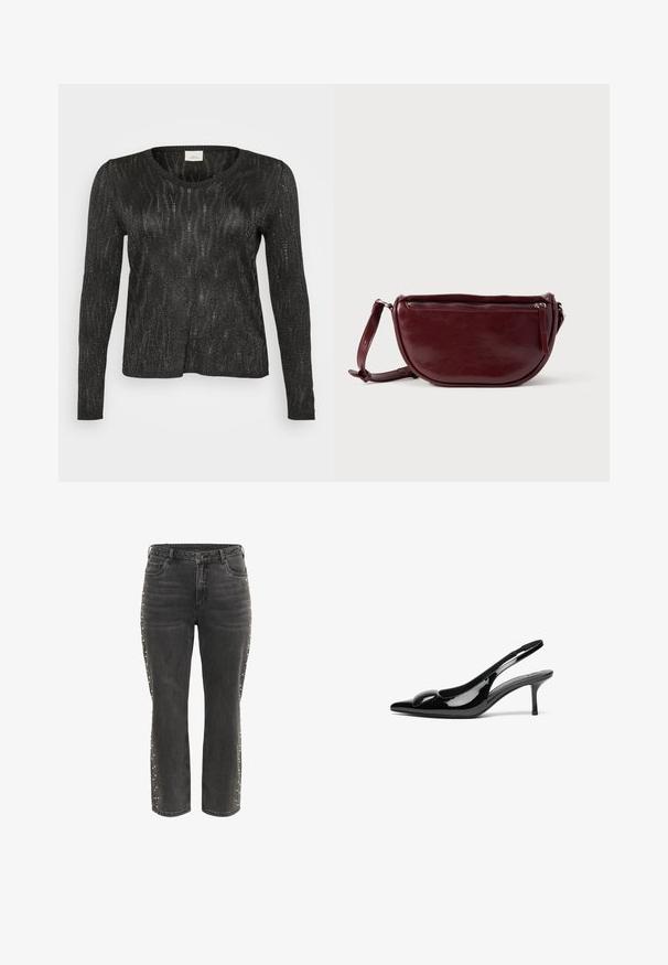 Sort langærmet sweater med et struktureret, glitrende design. Har rund halsudskæring og ribbede kanter ved nederdelen og ærmerne. Letvægtsmateriale.; Sorte høj talje lige jeans med metalknap, forlommer og små sølvnitter langs de ydre sidesømme.; Sorte laklæder slingback hæle med spidse tæer og en blank finish. Har en slank hæl og en rund detalje ved vampen.; Vinrød læderhåndtaske med halvmåneform, lynlås og aftagelig rem. Glat tekstur med en subtil glans.