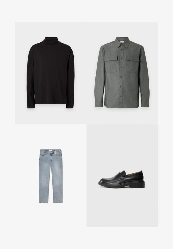 Zwarte turtleneck met lange mouwen, gemaakt van een zachte, gladde stof met een comfortabele pasvorm en zonder zichtbare patronen of accenten.; Grijze overhemd met knopen, voorzien van een gestructureerde kraag, twee borstzakken en lange mouwen met knoopmanchetten; textuurrijke stofafwerking.; Lichtblauwe denim jeans met een rechte snit, vijf zakken, knoopsluiting, subtiele vervaging en gestikte details langs de zakken.; Zwarte leren instap schoenen met een lage hak en subtiel Calvin Klein-logo aan de zijkant, weergegeven in profiel op een witte achtergrond.