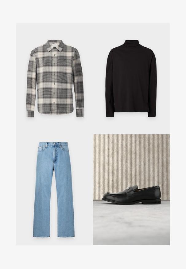 Zwarte turtleneck met lange mouwen, gemaakt van een zachte, gladde stof met een comfortabele pasvorm en zonder zichtbare patronen of accenten.; Langearmige geruite shirt in zwart en crème. Voorzien van een knoopsluiting aan de voorkant, klassieke kraag en een gevarieerd ruitpatroon. Zachte stoftextuur.; Lichtblauwe denim jeans met rechte pijpen, ontworpen met vijf zakken en een knoopsluiting bij de taille, weergegeven tegen een effen achtergrond.; Zwarte leren loafer met een metalen merktekenplaatje, rustend bij een bruine ronde tafel op een beige tapijtvloer.