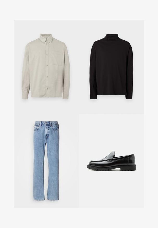 Sort turtleneck langærmet top lavet af blød, glat stof med løs pasform og uden synlige mønstre eller detaljer.; Lysegrå langærmet skjorte med knapper, lavet af blødt stof. Har en button-down krave, en frontal lomme og en afslappet pasform.; Lyseblå denimjeans med lige ben design, fem lommer og knaplukning. Syninger nær lommer og talje.; Sort læderloafer med chunky gummisål, syet overdel og præget mærkenavn på hælen, vist i sideprofil på hvid baggrund.