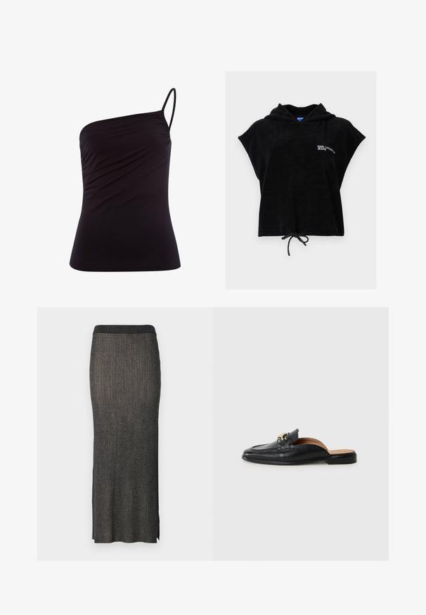Top negro de manga corta con capucha, cordón frontal y logo blanco "KARL LAGERFELD JEANS" en el pecho izquierdo.; Top negro de un solo hombro hecho de una tela suave y elástica con un diseño ajustado y detalles fruncidos en el costado. Incluye una fina banda ajustable.; Falda midi de punto en gris oscuro con acanalado vertical, silueta ajustada y aberturas en el dobladillo para mayor comodidad al moverse. Tejido suave y texturizado.; Zapato negro de cuero tipo slip-on con punta redonda, acento de hardware dorado y suela plana. Interior forrado con cuero marrón claro para mayor comodidad.