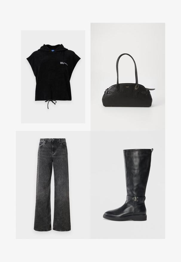 Schwarzes kurzärmeliges Kapuzenshirt mit vorderem Kordelzug und weißem "KARL LAGERFELD JEANS"-Logo auf der linken Brust.; Schwarz-weiße Jeans mit weitem Bein, einem verblichenen Finish, fünf Taschen und einem Knopfverschluss. Sie verfügen über Kontrastnähte und einen klassischen Bund.; Schwarze Lederkniehohe Stiefel mit niedrigem Absatz, runder Spitze und metallischem "CK"-Logo-Riemen um den Knöchel.; Schwarze Lederhandtasche mit runder Form, zwei langen Griffen, goldenen Beschlägen und einem kleinen Anhänger. Mit Reißverschluss oben.