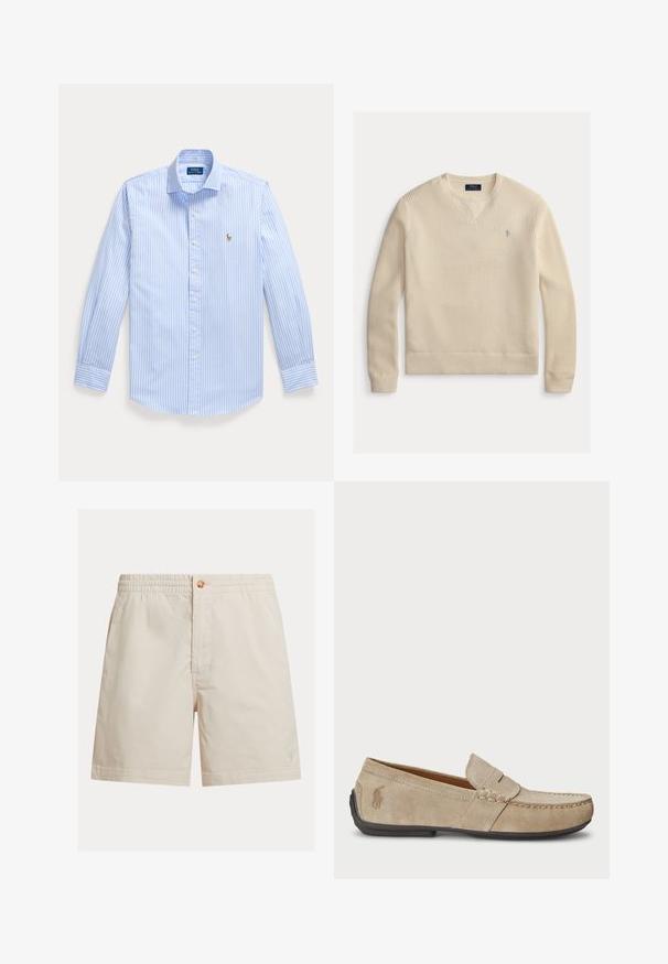 Light beige knit sweater featuring a V-neck, ribbed cuffs and hem, and a small blue logo on the chest. Textured, breathable fabric.; Light blue long-sleeve button-up shirt with white vertical stripes and a small embroidered logo on the left chest.; Men's light beige shorts made of cotton blend, featuring an elastic waistband, a button closure, and a single logo near the hem.; Beige suede loafers with a stitched detail, flat rubber sole, and a small logo on the side. Classic slip-on design, soft texture.