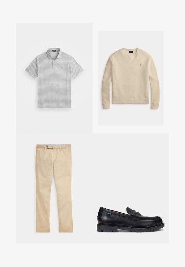 Lichtbeige gebreide trui met een V-hals, geribbelde manchetten en zoom, en een klein blauw logo op de borst. Textuurrijke, ademende stof.; Grijze polo shirt met dunne witte strepen, korte mouwen, een knoopsluiting met drie knopen en een klein logo op de linkerkant van de borst. Gemaakt van zachte katoen.; Beige broek met rechte pijpen, ceintuurlussen en een voorrits, plat gelegd tegen een witte achtergrond.; Zwarte leren loafer met dikke geprofileerde zool en klein groen "Polo" label aan de buitenkant bij de hiel.