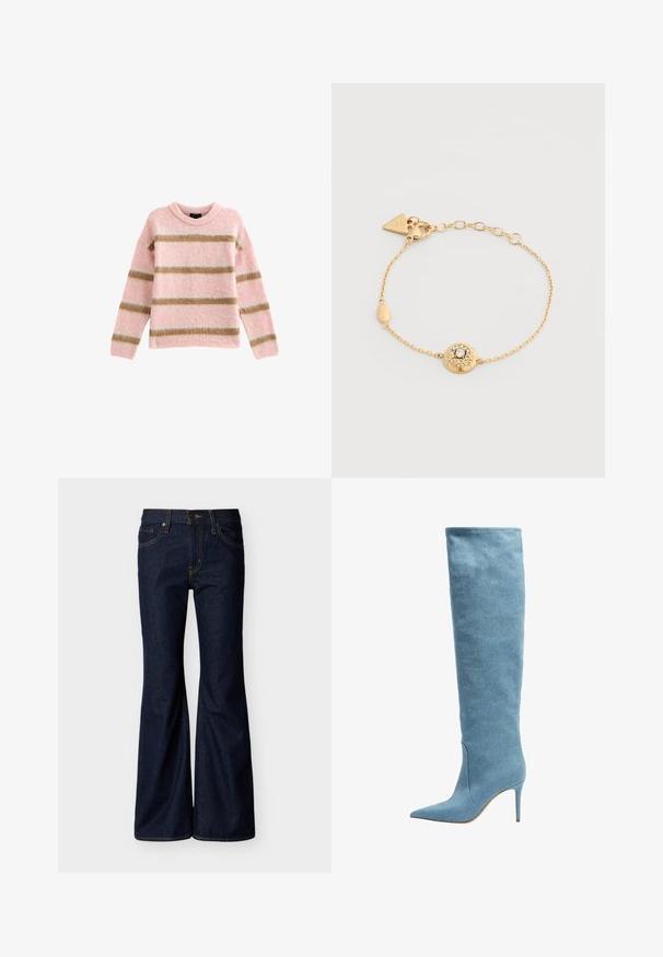 Lyserød sweater med horisontale striber i beige og hvid. Lavet af blødt materiale, med rund hals og løstsiddende lange ærmer.; Mørkeblå denimjeans med vide ben, frontknap og lynlås, samt fem-lomme-design med kontrastsyning.; Høje damesko i lyseblå denim med spids tå og slank høj hæl på en hvid baggrund.; Delikat armbånd af guldkæde med et rundt vedhæng prydet med krystaller og en trekantet låsetags på en hvid baggrund.