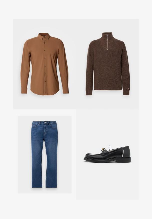 Bruine gebreide trui met hoge kraag en halve rits. Heeft ribgebreide manchetten en zoom, met een gestructureerde afwerking en minimale accentdetails.; Langsleeve bruin shirt met een button-down kraag, een soepele textuur en bruine knopen. Kenmerkt zich door een gebogen zoom en een getailleerde pasvorm.; Blauwe denim jeans met rechte pijpen, voorzakken, riemlussen en een knoopsluiting op een lichtgrijze achtergrond.; Zwarte leren instapper met een ronde neus, witte accenten en gouden hardware op de wreef. Bevat een getextureerde patch en een gestapelde hak.