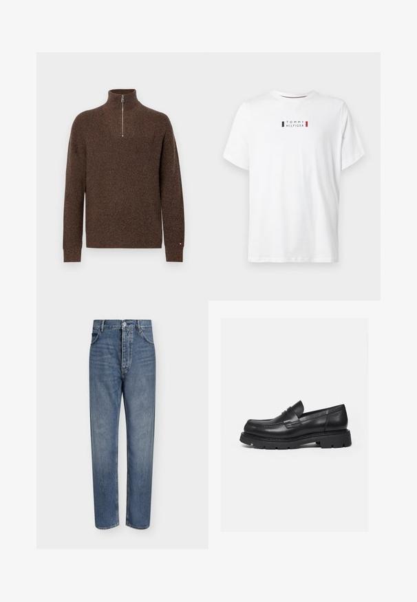 Brauner Strickpullover mit hochgeschlossenem Kragen und halbem Reißverschluss. Verfügt über gerippte Bündchen und Saum, mit einer strukturierten Oberfläche und minimalen Akzenten.; Weißes Baumwoll-T-Shirt mit Rundhalsausschnitt. Mit einem zentralen Logo in Schwarz und Rot mit der Aufschrift "TOMMY HILFIGER." Kurze Ärmel.; Gerade geschnittene blaue Jeans aus Denim mit hoher Taille, Frontknopfverschluss und Fünf-Taschen-Design auf einem schlichten hellen Hintergrund.; Schwarzer Lederloafer mit dicker, profilierter Sohle und Pennyriemen-Detail, von der rechten Seitenansicht auf weißem Hintergrund gezeigt.