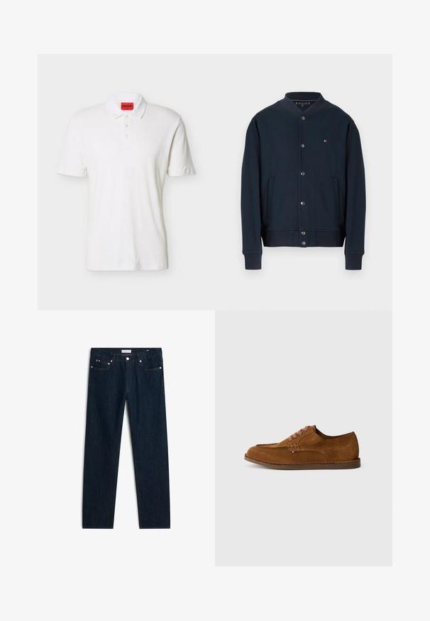 Veste bomber bleu marine à boutons, avec col, poignets et bas côtelés, avec un petit logo sur la poitrine gauche et deux poches latérales.; Polo blanc à manches courtes avec trois boutons et une étiquette de marque HUGO rouge à l'intérieur du col.; Jean droit en denim bleu foncé avec poches avant, passants pour ceinture et fermeture par bouton.; Chaussure en daim marron avec un bout arrondi, des coutures décoratives et six œillets de lacets contrastants. Semelle plate et design minimaliste.