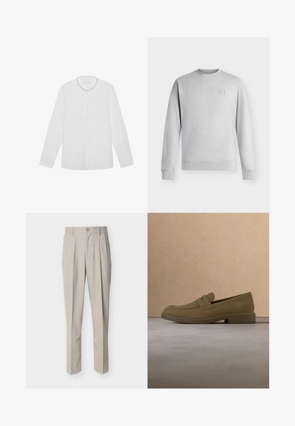 Sweat-shirt gris clair à col rond avec manches longues et bords-côtes aux poignets et à l'ourlet, avec un petit logo carré sur la poitrine gauche.; Chemise blanche à manches longues avec col montant et une poche poitrine, posée à plat sur un fond uni.; Pantalon beige pour hommes, coupe ajustée, avec plis devant, passants pour ceinture, fermeture à bouton, et coupe droite, présenté sur fond blanc.; Mocassin en daim marron flottant au-dessus d'un tapis beige texturé dans un salon avec une table basse en bois et des livres empilés.