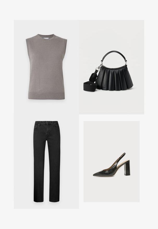 Ærmeløs grå strikket trøje med ribbet halsudskæring og kant. Blød tekstur, lige snit og minimalistisk design uden pyntegenstande.; Sorte straight-leg jeans lavet af denim, med et klassisk fem-lomme design, knaplukning og bæltestropper. Glat tekstur.; Sort læder kvindesko med slingback, spids tå og tyk blokhøj hæl på hvid baggrund.; Sort læderhåndtaske med plissering, kort håndtag og aftagelig bred skulderrem i stof på hvid baggrund.