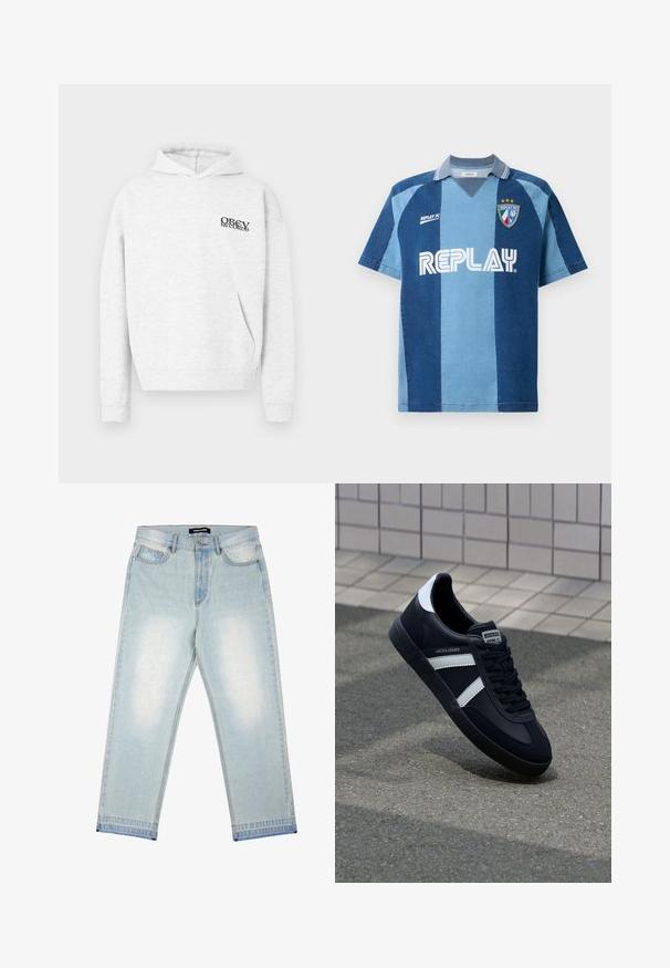 Hellgrauer Hoodie aus weichem Stoff mit einer Vordertasche. Am Brustbereich befindet sich ein schwarzes "OBEY RECORDS"-Logo. Langärmlig mit Kordelzugkapuze.; Jeans-inspiriertes Jersey mit kurzen Ärmeln, das ein dunkelblaues und hellblaues gestreiftes Design, einen V-Ausschnitt und das auffällig platzierte "REPLAY"-Logo aufweist.; Pegador BARROW - Loose Jeans - sand washed blue; Schwarze Leder-Sneaker mit weißen Streifen, strukturiertem Gummisohle und Schnürung. Verfügt über ein Markenetikett auf der Zunge.